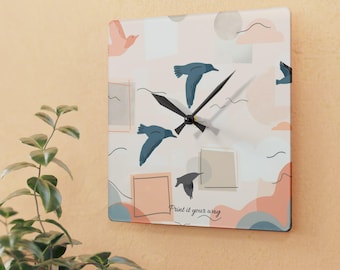 Personlig minimalistisk väggklocka i akryl med flygande fåglar | Abstrakta pastellformer