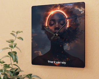 Personlig Kosmisk Halo Kvinna Akryl Väggklocka | Surrealistiskt Porträtt, Celestial Art