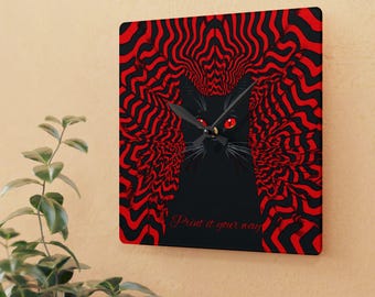 Personlig svart katt med röda hypnotiska vågor i akryl | Kuslig gotisk inredning