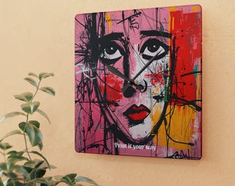 Personlig abstrakt popkonst väggklocka i akryl | Modern graffitiporträttdekor