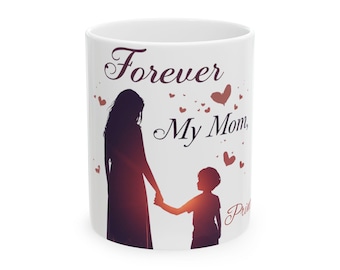 Taza "Siempre mi mamá" / Silueta de madre e hijo con detalle de corazón.