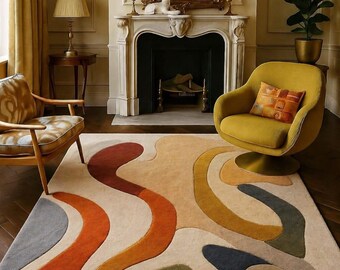 Modern Abstract Luxury Handcrafted Rug – Earth Tone Designer Carpet for Living Room Décor modern area rug yellow Orange  green rug