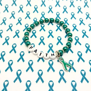Teal Awareness Bracelet with Ribbon Charm, Ovarian Cancer Awareness, Cervical Cancer Awareness