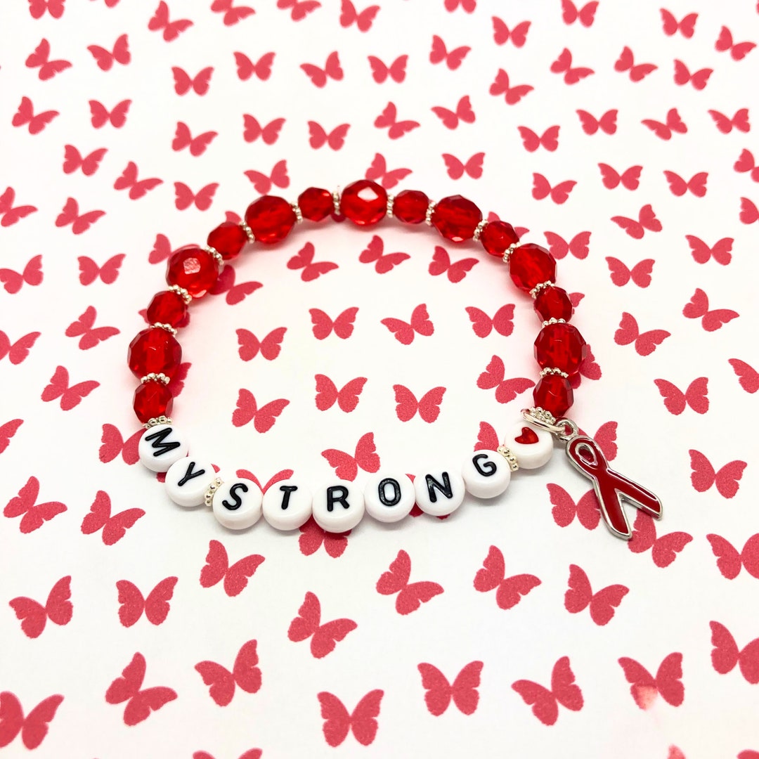 Red Heart Disease Awareness Bracelet With Ribbon Charm, Heart