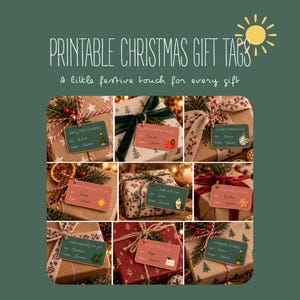 Può includere: Una collezione di etichette regalo di Natale stampabili con vari design festivi, colori e illustrazioni a tema natalizio. Le etichette sono attaccate a regali incartati con nastri, spago e verde, mostrando campi di testo per i nomi.
