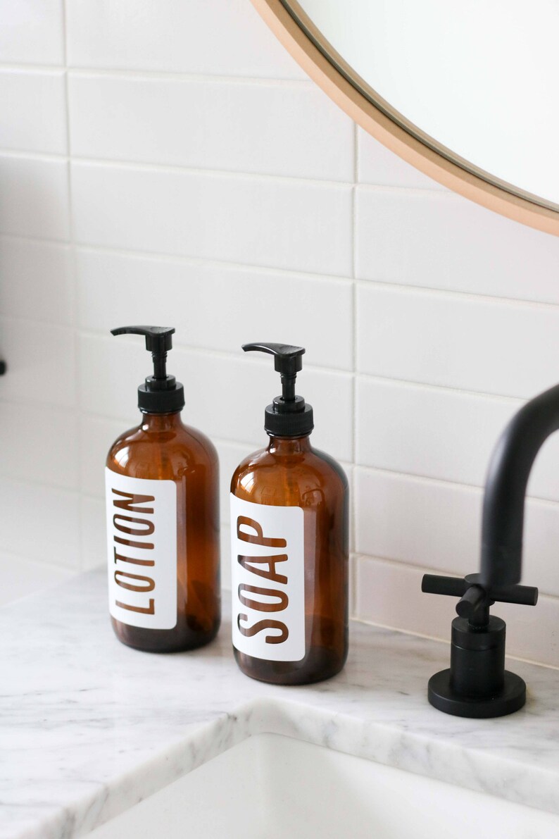 Amber Glass Hand Soap and Hand Lotion Dispenser Set Etsy