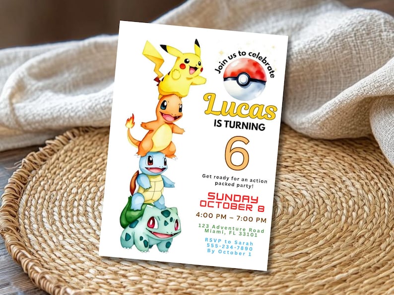 Pokemon Birthday Invitation Editable, Watercolor Pikachu Party Invite, Kids Birthday Canva Template, Printable Digital Download image 7
