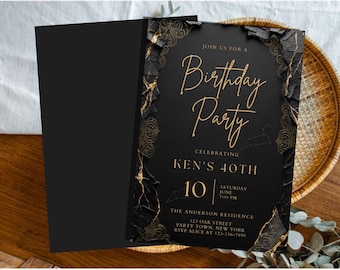 Editable Black Gold Birthday Invitation Template, Modern Men's Birthday Party Invite, Adult Birthday Digital Invite Canva