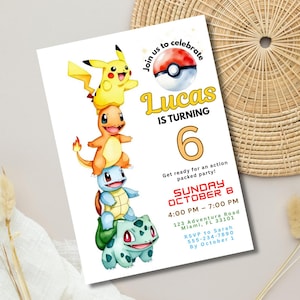 May include: A birthday party invitation featuring a stack of colorful cartoon characters. The invitation reads "Lucas is turning 6" with event details. The design includes a Pok&eacute; Ball and the text "Join us to celebrate."