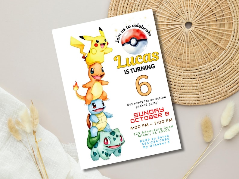 May include: A birthday party invitation featuring a stack of colorful cartoon characters. The invitation reads "Lucas is turning 6" with event details. The design includes a Pok&eacute; Ball and the text "Join us to celebrate."