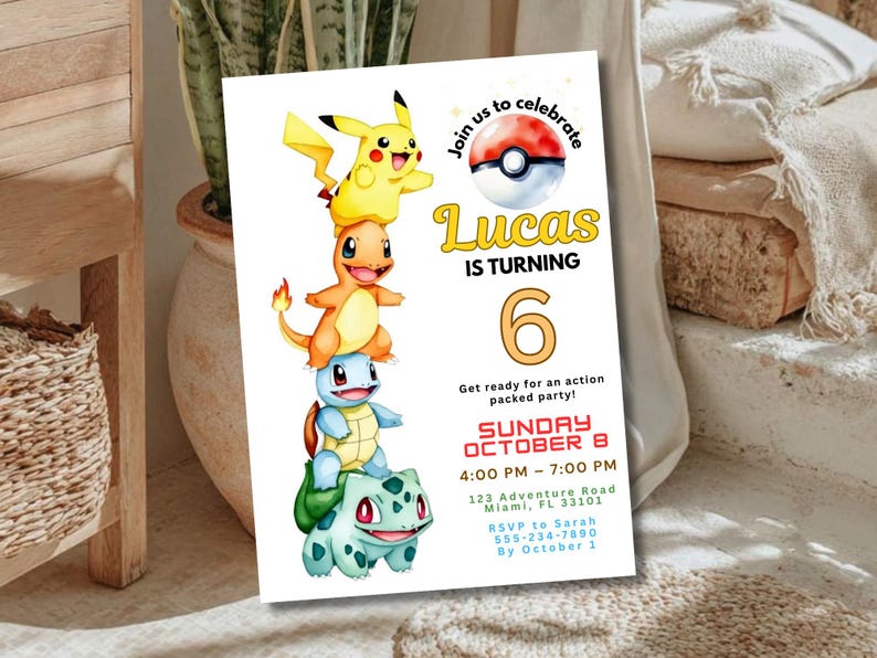 Pokemon Birthday Invitation Editable, Watercolor Pikachu Party Invite, Kids Birthday Canva Template, Printable Digital Download image 9