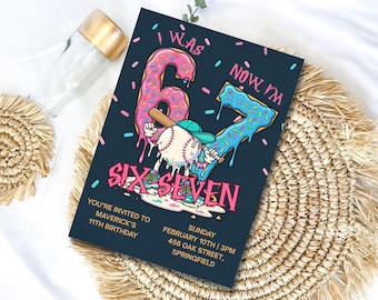 Six Seven Birthday Invitation Editable, 7th Birthday Baseball Invite, Ice Cream Melt Theme Party, Kids Canva Template Download