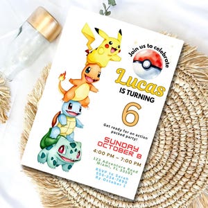 May include: A birthday party invitation featuring the text "Lucas is turning 6" with colorful illustrations of Pikachu, Charmander, Squirtle, and Bulbasaur. The invitation includes party details and a "Join us to celebrate" message.
