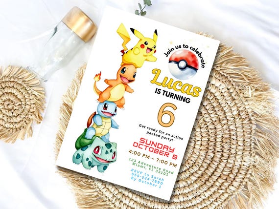 Pokemon Birthday Invitation Editable, Watercolor Pikachu Party Invite, Kids Birthday Canva Template, Printable Digital Download