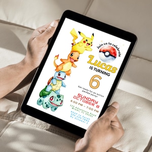 May include: A digital invitation for a birthday party, held on a tablet. The invitation features the text "Lucas is turning 6" with a watercolor illustration of Pikachu, Charmander, Squirtle, and Bulbasaur. The party is on Sunday, October 8th.