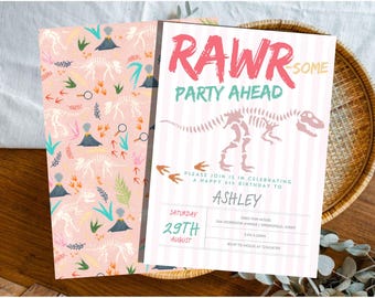 Pink Dinosaur Birthday Invitation Template, Girls Fossil Dig Party Invite, Cute Prehistoric Birthday Decor, Editable Dino Celebration