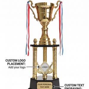 May include: A gold-colored trophy cup with red, white, and blue ribbons attached to the handles. The trophy features a central emblem for a logo and a rectangular plate on the black base for custom text engraving. Text reads: PREMIUM CUSTOMIZABLE AWARD TROPHY.