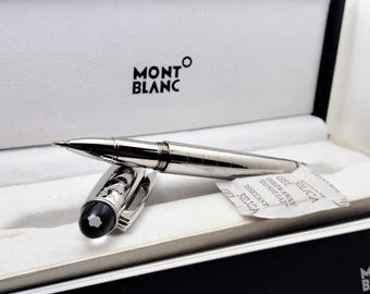 Bolígrafo Montblanc Star Walker negro con tinta de rodillo, totalmente plateado, reacondicionado.