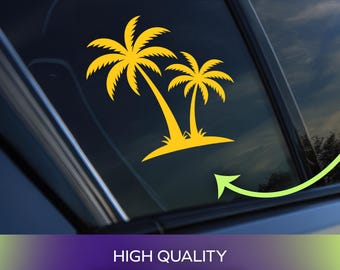 Vinilo adhesivo permanente con diseño de palmeras en una isla, ideal para coches, ventanas, portátiles y objetos personales.