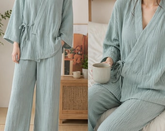 Cotton Kimono Style Pajama Set, Couple Matching Yukata Loungewear, Two Piece Japanese Inspired Sleepwear