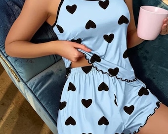 Damespyjama met roze hart, T-shirt en short van ijszijde, nachtkleding, zachte zomerloungekleding, schattige tweedelig pyjama, comfortabele homewear