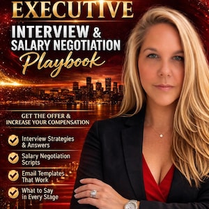 May include: Book cover titled "EXECUTIVE Interview & Salary Negotiation Playbook" by Carmen M. Guerrero. The cover features a woman in a black blazer and red top, with text highlighting interview strategies, salary negotiation scripts, and email templates.