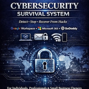 Puede incluir: Portada del libro "CYBERSECURITY SURVIVAL SYSTEM" con diseño azul y blanco. Incluye un candado, iconos y el texto "Detect • Stop • Recover From Hacks." Menciona Google Workspace, Microsoft 365 y GoDaddy. Para individuos, profesionales y pequeñas empresas.