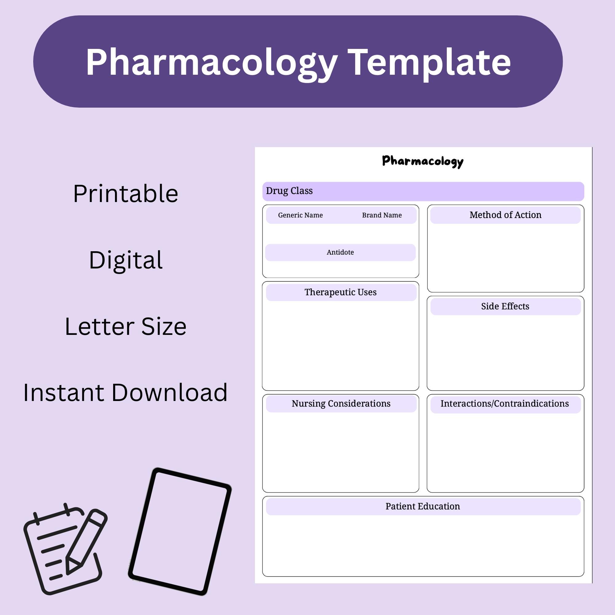 Purple Pharmacology Drug Study Sheet | Simple Nursing Template ...
