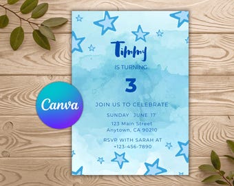 Pastel Blue Birthday Invitation | Watercolor Stars Boy Party Canva Template (Digital Download)