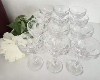 Vintage crystal champagne flutes, set of 6, elegant coupe glasses, mid-century barware, cut crystal glasses