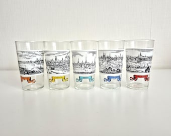 Vintage German Souvenir Glasses Set of 5, Mid Century Barware Tumblers with City Panoramas & Coat of Arms, Retro Germany Bar Decor, 1970s
