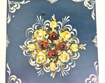 Vintage XXL Jewelry Box, Folk Art Style - Hand-painted, Blue & Floral - Large Wooden Jewelry Box, Rustic Storage, Unique Piece, 37 x 37 cm
