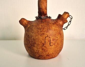 Vintage Spanish terracotta gargoulette with leather wrapping | Traditional water jug | Rustic Spanish ceramics | Handicraft