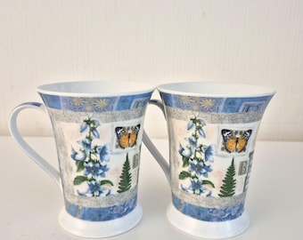Set of 2 Pimpernel English Porcelain Mugs - Botanical Butterfly & Fern Design - Fine China Coffee Cups - Vintage MJJG England Gift