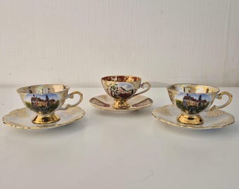 Ornate German Collector Cup Set - Lusterware Porcelain with 22k Gold Trim - Sigmaringen Castle & Hunting Scenes - Vintage 1950s