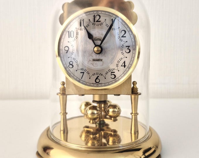 Featured listing image: Vintage Koma Anniversary Clock with Real Glass Dome - Made in West Germany - Elegant Brass Torsion Style Desk Clock - Quartz Movement