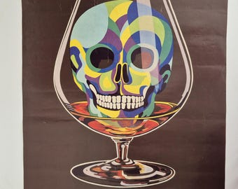 Vintage 1975 Anti-Alcohol Poster DAK Germany, Psychedelic Skull Art, Retro Medical Wall Decor, Original German Graphic Design Na denn Prost