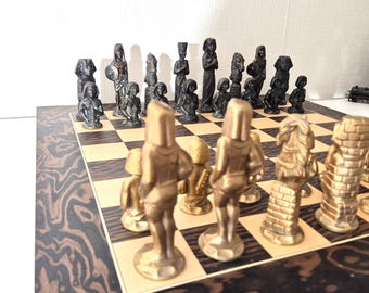 Massive Egyptian Metal Chess Set 24"x24" – Luxury Ancient Egypt Chessboard & Heavy Cast Metal Pieces, Vintage Handcrafted Wooden Box