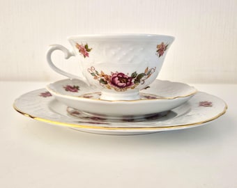 Juego de vajilla de porcelana Schumann Arzberg Bavaria de 3 piezas - Elegante diseño de rosa con relieve y borde dorado - Taza de colección vintage - Hecho en Alemania