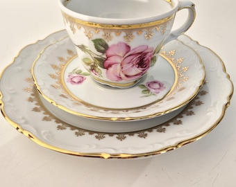 Mitterteich Bavaria Porcelain 3-Piece Place Setting - Romantic Rose Design with Magnificent Gold Trim - Vintage Collector's Cup