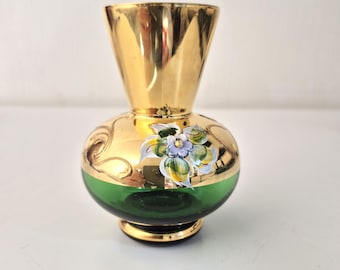 Vintage Murano Style Glass Vase – 24K Gold Leaf & Hand-Painted Flowers – Emerald Green Venetian Art Glass, Mid-Century "Tre Fuochi" Decor