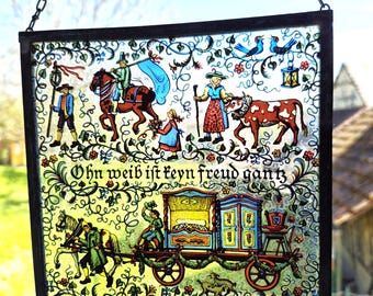 Vintage Glasbild Hinterglasmalerei "Ohn Weib ist keyn Freud gantz" – Traditioneller Hochzeitszug, Bleiverglast,  15,5x15,5 cm