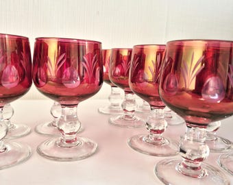 Set of 12 Ruby Red Crystal Liqueur Glasses - Rare Complete Dozen - 4.5" Tall - Cut to Clear Bohemian Stemware - Sherry & Aperitif Glasses