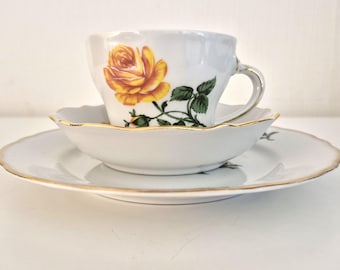 Bavaria Germany Porcelain 3-Piece Place Setting - Bright Yellow Rose & Gold Rim - Vintage Collector's Cup - Hand-Painted Design - Made in Germany