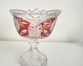 Beautiful vintage ruby glass bowl on a footed base – Bohemian crystal – hand-cut