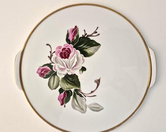 Vintage Bavaria Zeh Scherzer Cake Platter - Pink Rose Porcelain Serving Tray with Gold Trim - Mid Century German China - Shabby Chic Decor