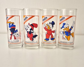 Vintage Fanta Disney Glass Set of 4 - Donald Duck, Scrooge McDuck, Goofy, Wolfie - Retro 1980s Collectible Tumblers - Made in Germany
