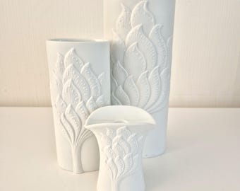 Rare Set of 3 AK Kaiser West Germany Bisque Porcelain Vases - Op Art Relief by Manfred Frey - 1970s White Matte Porcelain