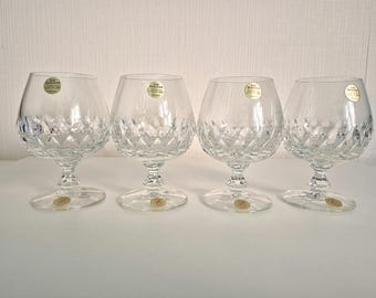 Set of 4 lead crystal cognac snifters, mouth-blown crystal glass, vintage Zwiesel glass, made in Germany, luxury bar decoration