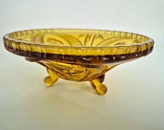 Vintage amber-colored glass bowl – Decorative bowl with floral pattern